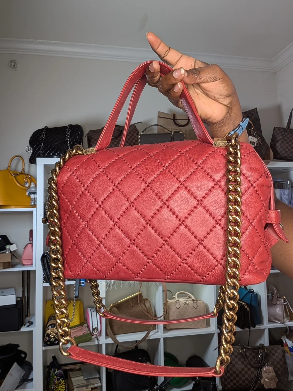 Chanel CC 2 way top handle Quilted Red Shoulder Handbag with bronze Chain